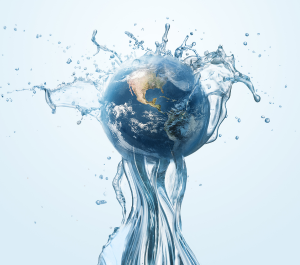 Graphic image of the globe with water splashing around it